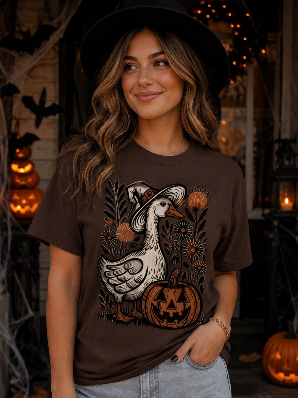 Halloween Goose Graphic Tee - Brown with Orange Accents